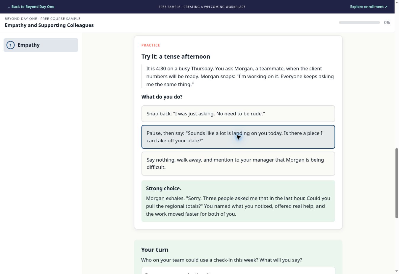 Interactive workplace scenario with a selected response and explanatory feedback.