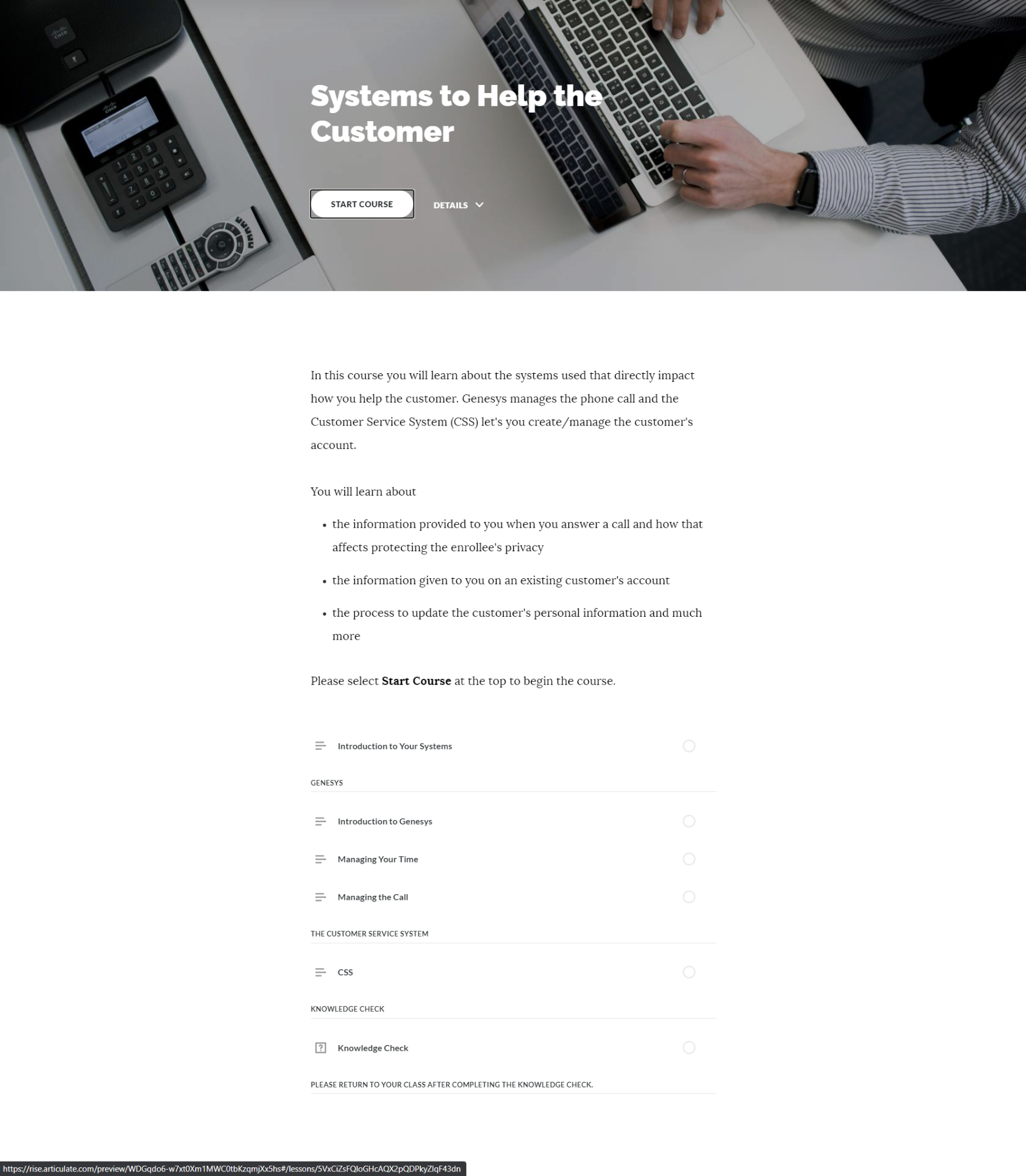Systems to Help the Customer course opening page, showing a laptop, desk phone, course introduction, and lesson outline