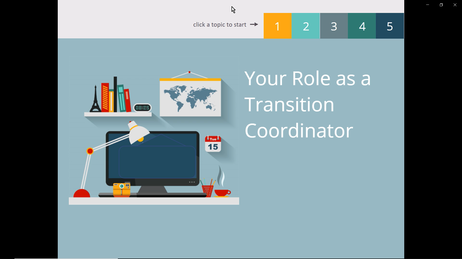 Original course opening screen with an illustrated desk, world map, and five numbered topic buttons